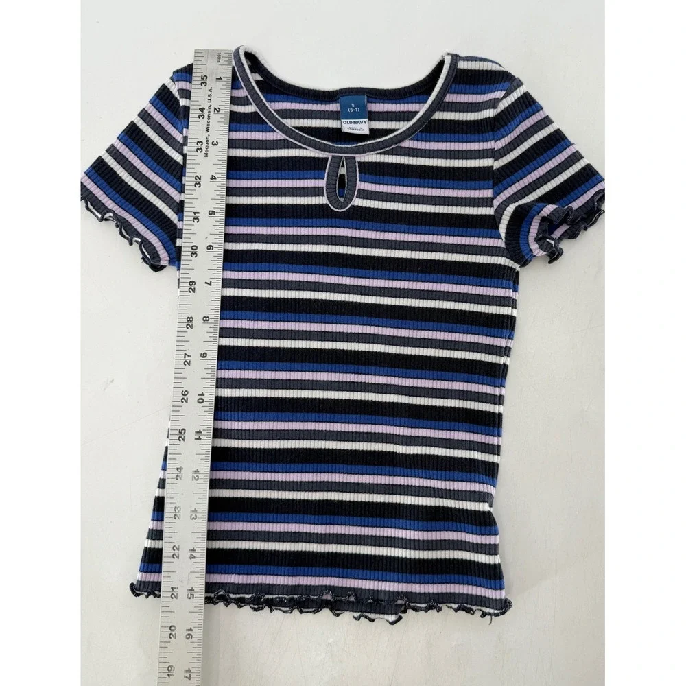 Old Navy Girls' Striped Ribbed Keyhole Top - Black Blue Purple - Size S (6-7)‎